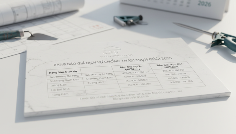 Bảng báo giá dịch vụ chống thấm trọn gói 2026